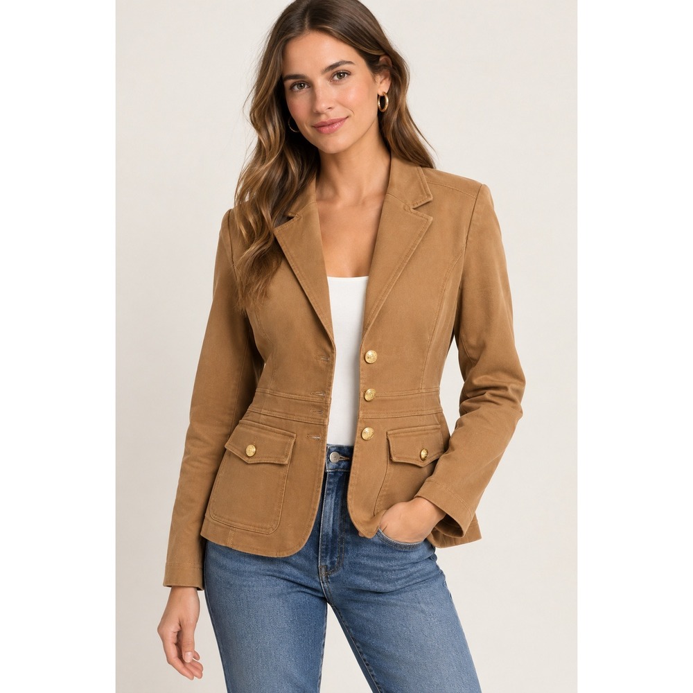 Joie Camel Brown Gold Crest Button Utility Blazer Jacket Stretch Tan Small